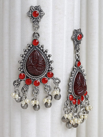 Silver-Plated Red Agate & Pearls Studded Oxidised Antique Earrings