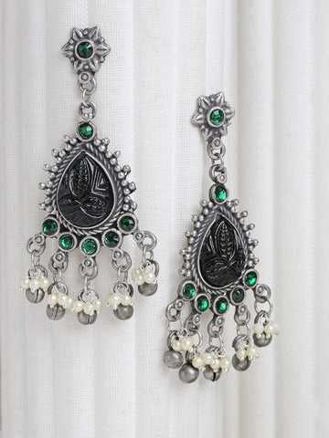 Silver-Plated Black Agate & Pearls Studded Oxidised Handcrafted Earrings