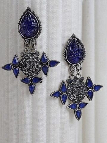 Blue Silver-Plated Agate & Crystals Studded Oxidised Antique Earrings