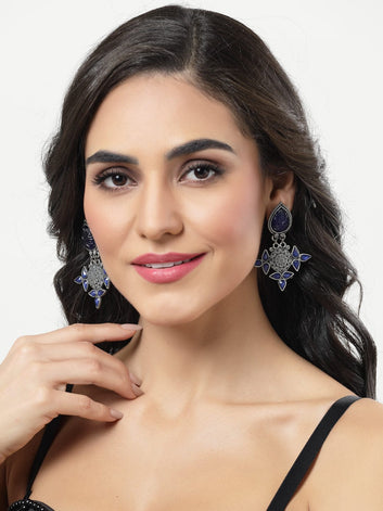 Blue Silver-Plated Agate & Crystals Studded Oxidised Antique Earrings
