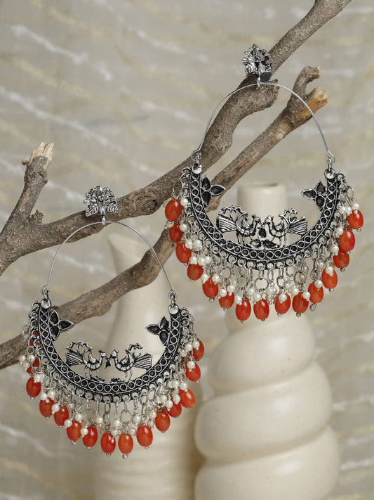 Orange Oxidised Silver PlatedPeacock Shaped Chandbalis Earrings