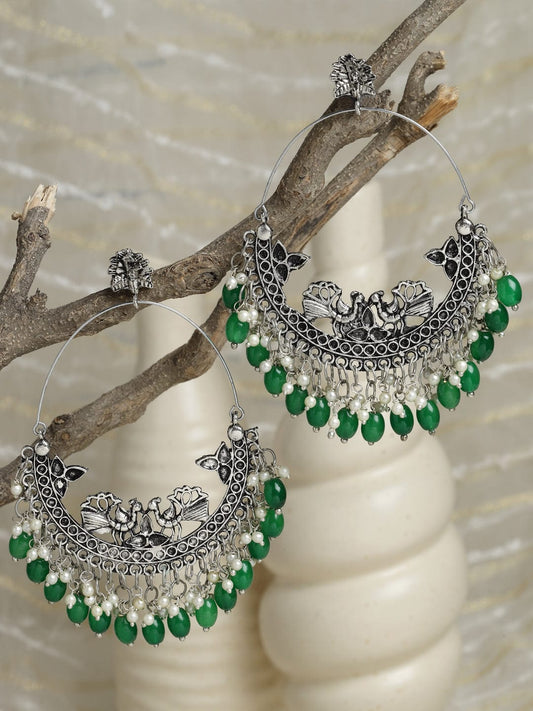 Women Silver-Toned & Green Crescent Shaped Chandbalis Earrings