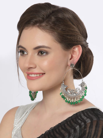 Women Silver-Toned & Green Crescent Shaped Chandbalis Earrings