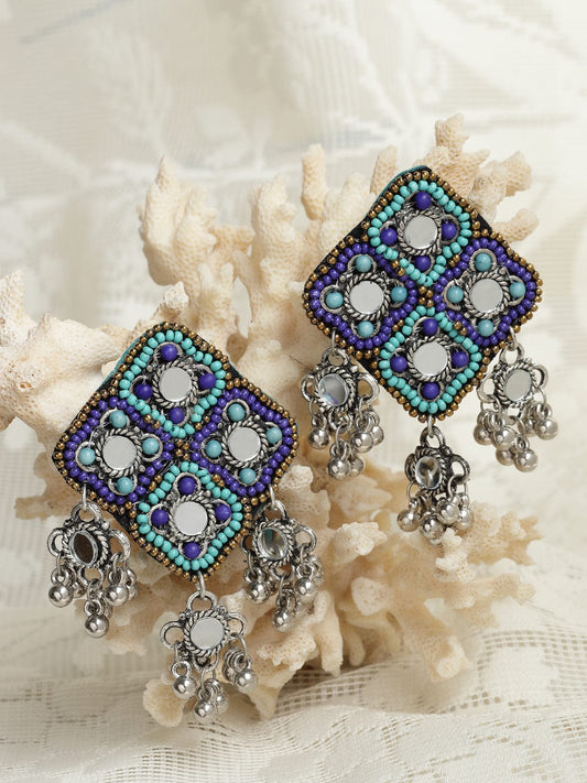 Turquoise Blue Beads & Mirrors Studded Drop Earrings
