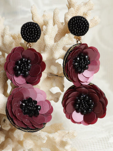 Burgundy & Black Floral Drop Earrings