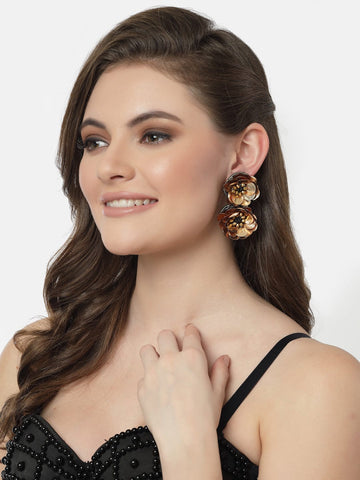 Brown Sequined Floral Studs Earrings