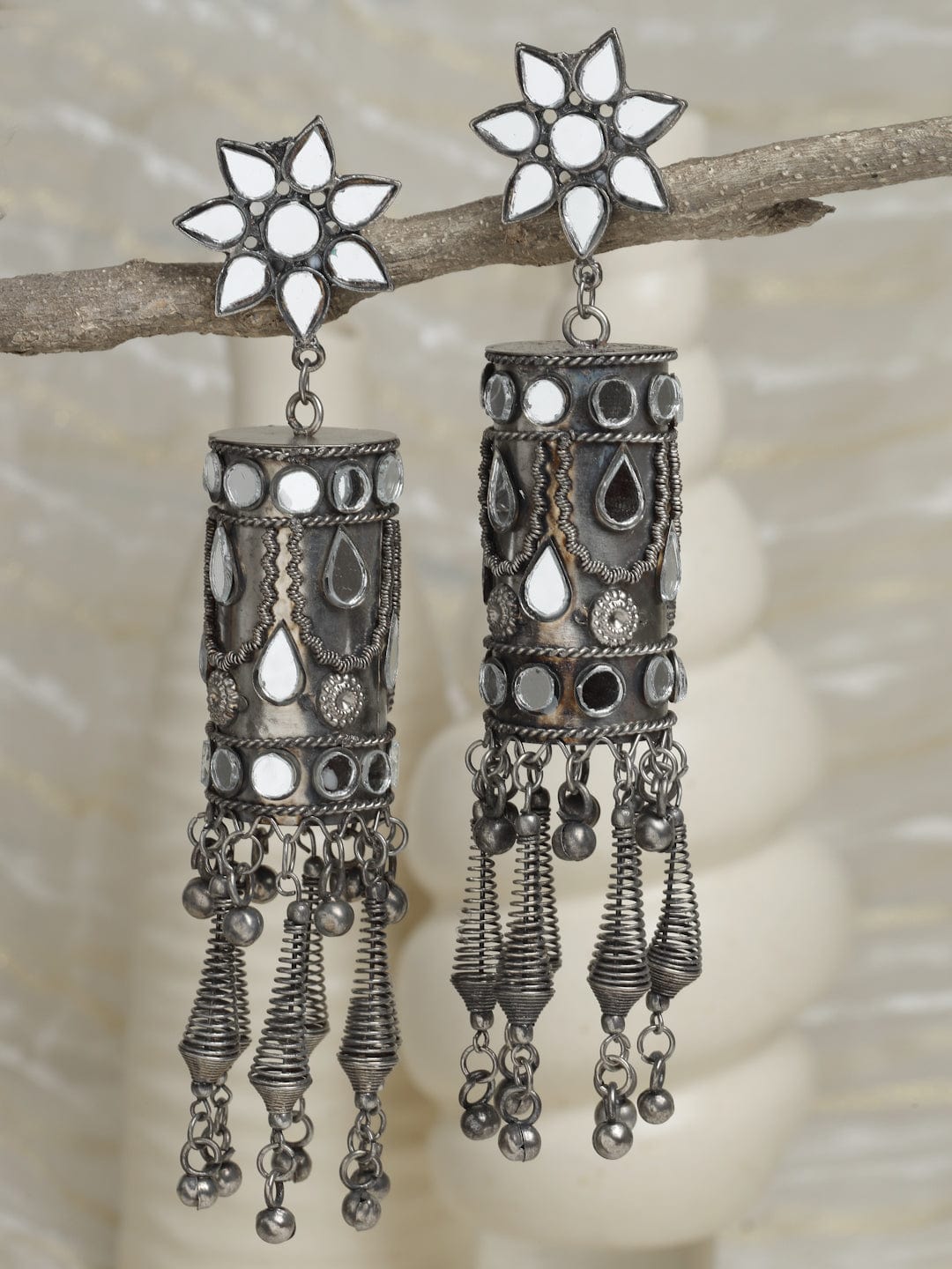 Gunmetal-Toned Silver Plated Contemporary Drop Earrings