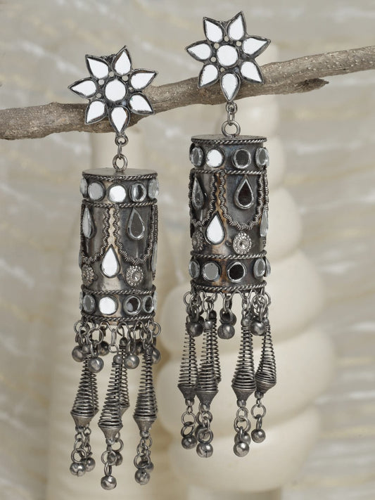 Gunmetal-Toned Silver Plated Contemporary Drop Earrings