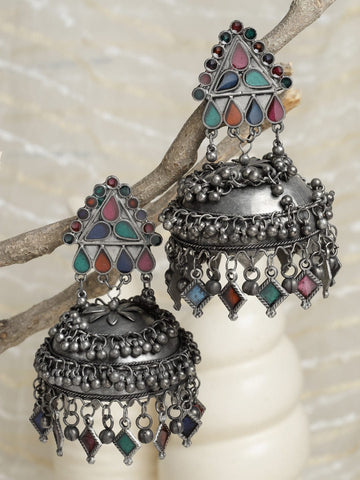 Green Silver Plated Dome Shaped Jhumkas Earrings