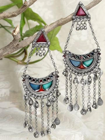 Blue & Red Meenakari Crescent Shaped Drop Earrings
