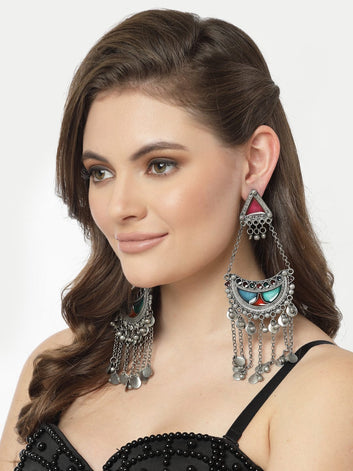 Blue & Red Meenakari Crescent Shaped Drop Earrings