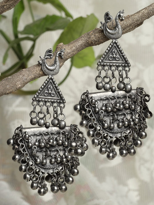 Gunmetal-Toned Silver Plated Oxidised Peacock Shaped Drop Earrings