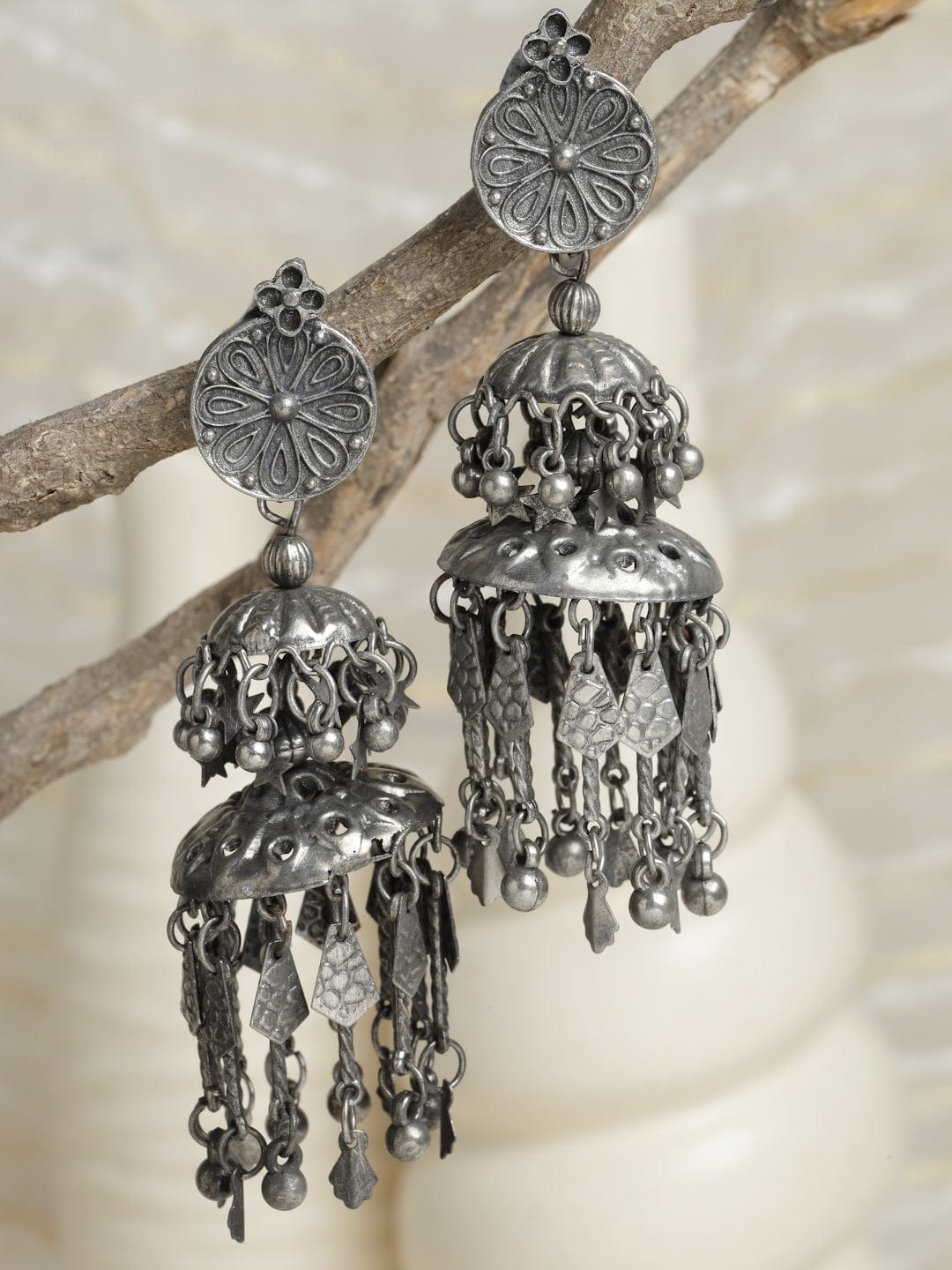 Gunmetal-Toned Silver Plated Contemporary Jhumkas Earrings