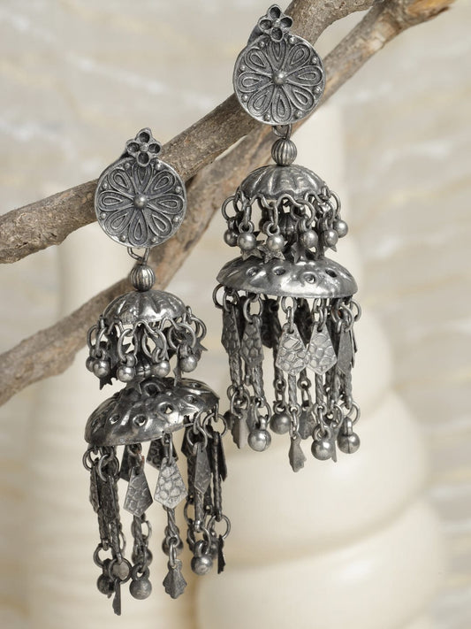 Gunmetal-Toned Silver Plated Contemporary Jhumkas Earrings