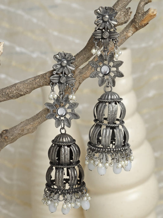 Gunmetal-Toned & Silver-Plated Dome Shaped Jhumkas Earrings