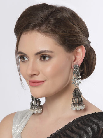 Gunmetal-Toned & Silver-Plated Dome Shaped Jhumkas Earrings