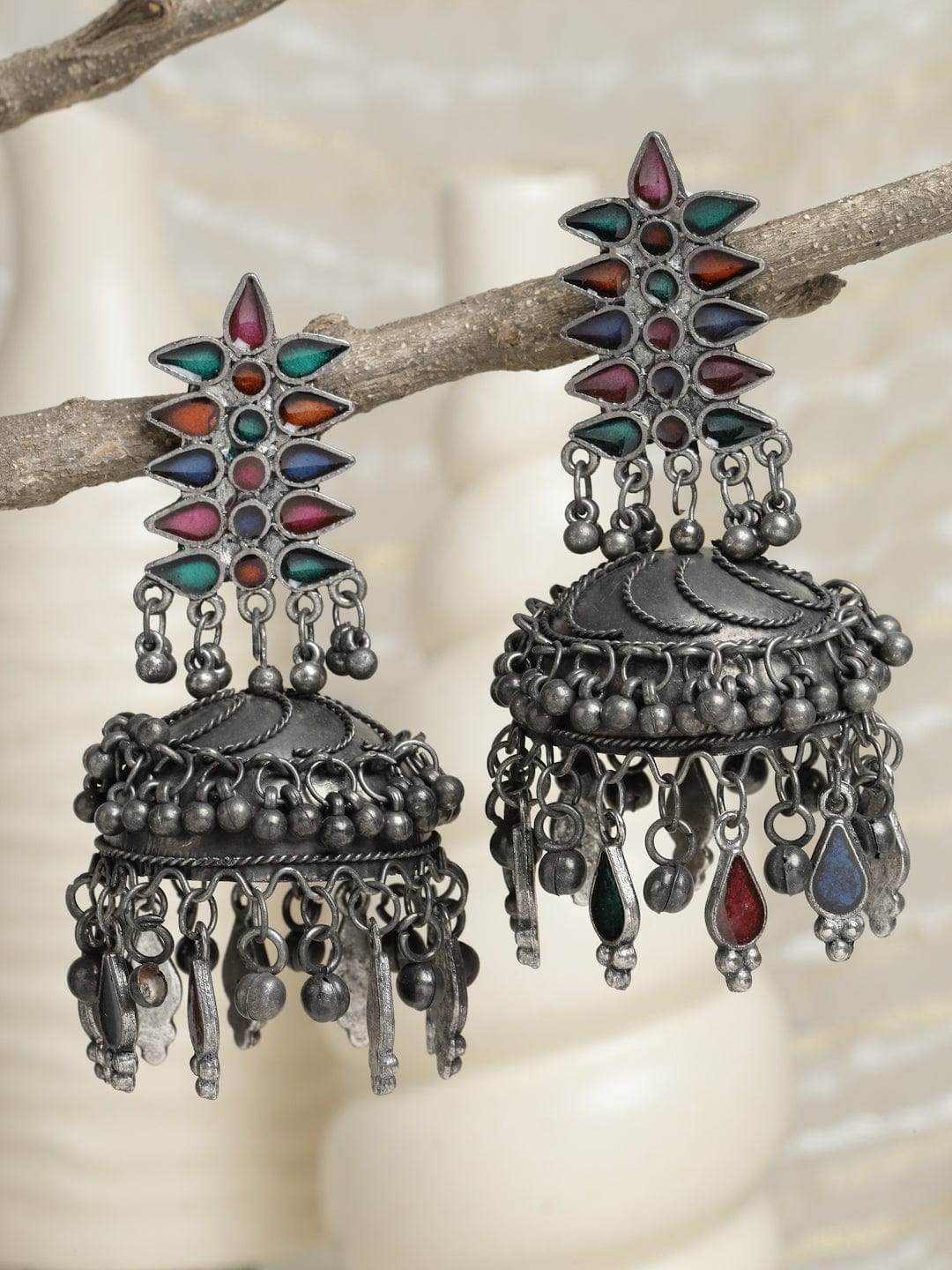 Women Gunmetal-Toned & Green Dome Shaped Drop Earrings