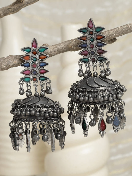 Women Gunmetal-Toned & Green Dome Shaped Drop Earrings