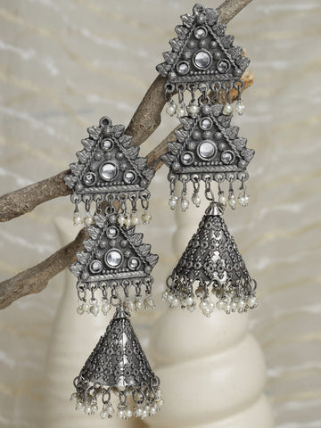 Gunmetal-Toned Dome Shaped Jhumkas Earrings