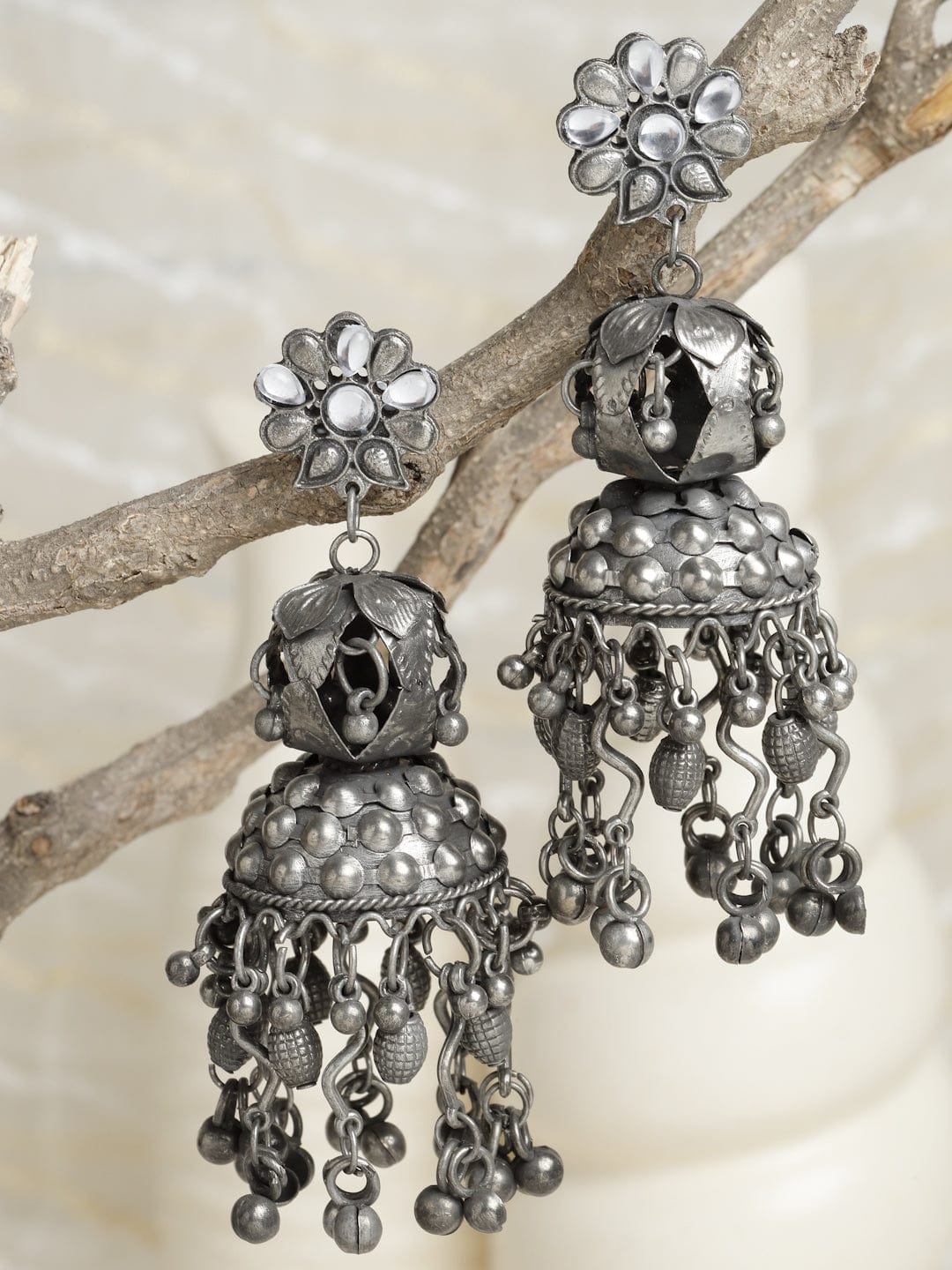 Gunmetal-Toned Dome Shaped Jhumkas Earrings