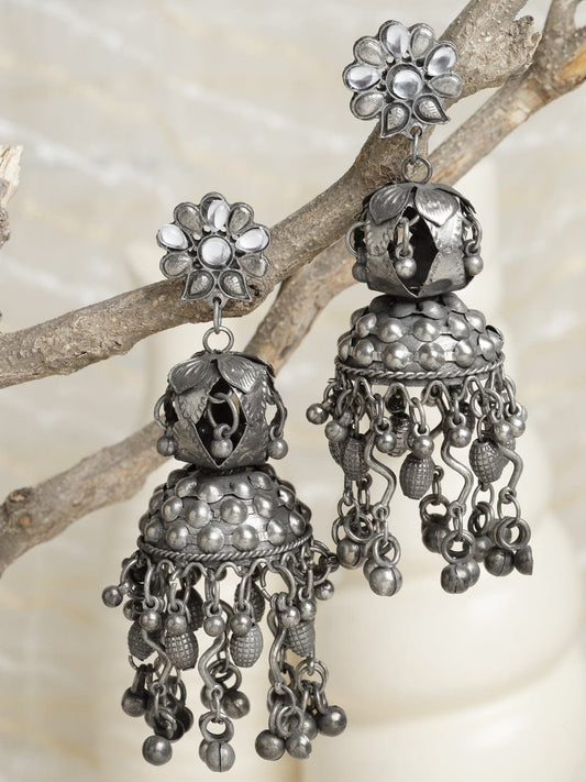 Gunmetal-Toned Dome Shaped Jhumkas Earrings