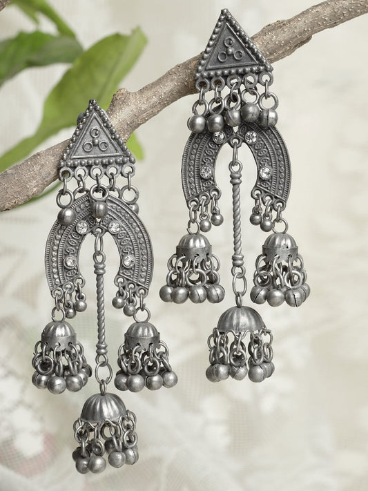 Gunmetal-Toned Dome Shaped Tasselled Design Jhumkas Earrings