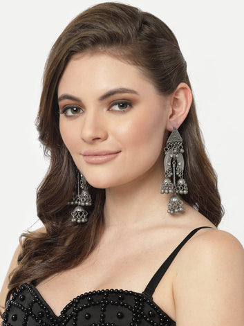 Gunmetal-Toned Dome Shaped Tasselled Design Jhumkas Earrings