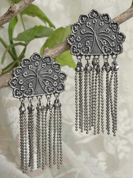 Silver Plated Gunmetal-Toned Floral Drop Earrings