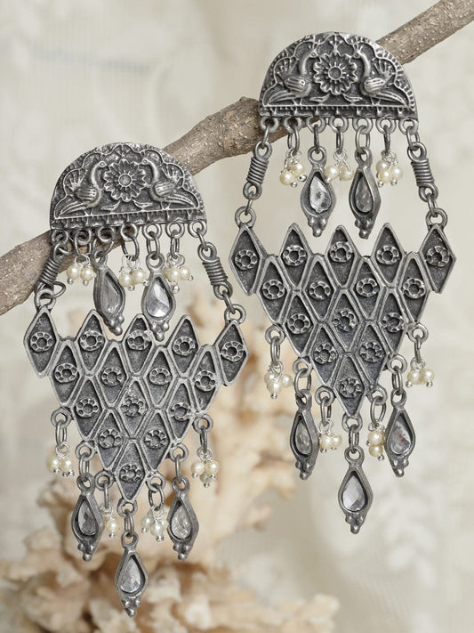 Gunmetal-Toned Peacock Shaped Drop Earrings
