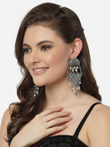 Gunmetal-Toned Peacock Shaped Drop Earrings