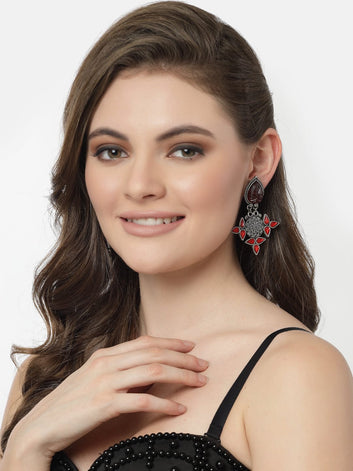 Women Red Silver Plated Floral Drop Earrings