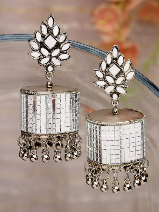 Mirror Studded Silver Contemporary Jhumkas