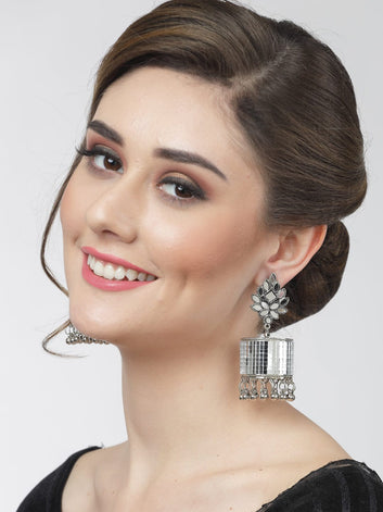 Mirror Studded Silver Contemporary Jhumkas