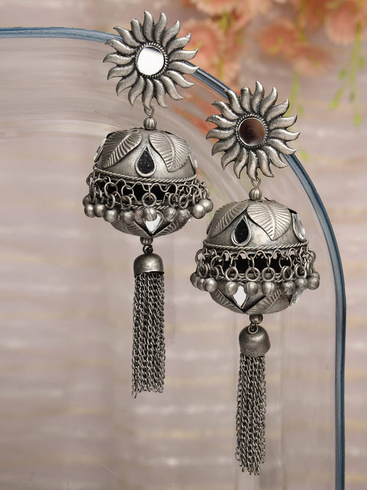 Oxidised Mirror Studded Tessel Earrings