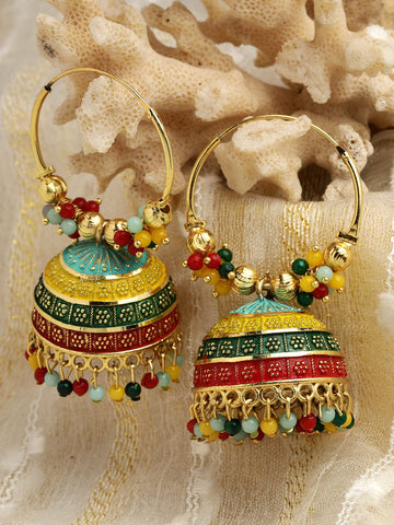 Gold-Plated Multicoloured Jhumkas Earrings