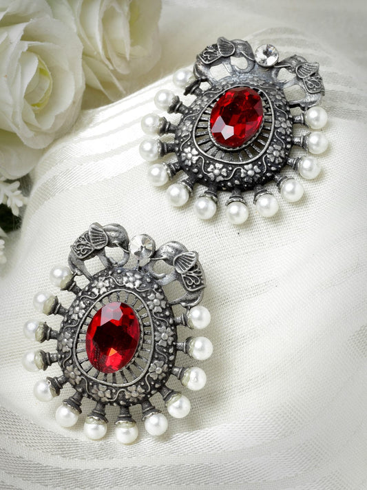 Red Stone & Pearls Studded Teardrop Shaped Studs Earrings