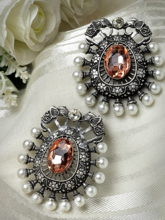 Crystal Studded & Pearl Oval Shaped Drop Earrings