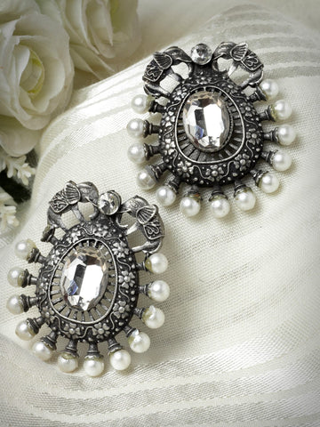 Crystal & Pearl StuddedTeardrop Shaped Drop Earrings
