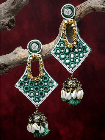 Gold-Plated Mirror & Cowri Studded Contemporary Handcrafted Jhumkas