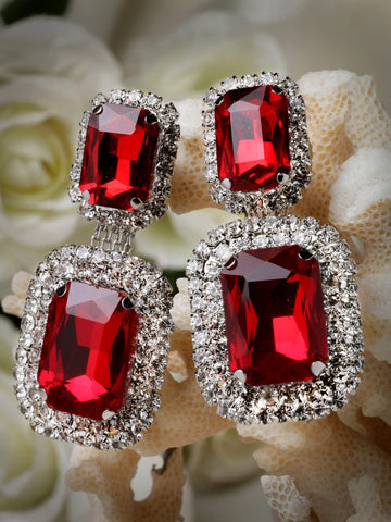 Silver-Plated Rectangle Shaped CZ-Studded Drop Earrings