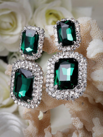 Silver-Plated Rectangle Shaped CZ-Studded Drop Earrings