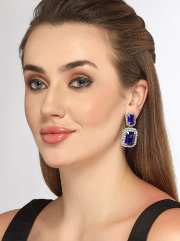 Silver-Plated Rectangle Shaped CZ-Studded Drop Earrings