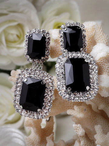 Silver-Plated Rectangle Shaped CZ-Studded Drop Earrings