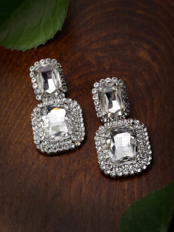 Crystals & Stone Studded Square Shaped Drop Earrings