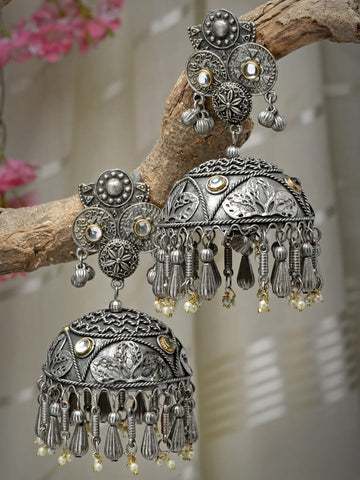 Kundan Studded Oxidised Dome Shaped Jhumkas