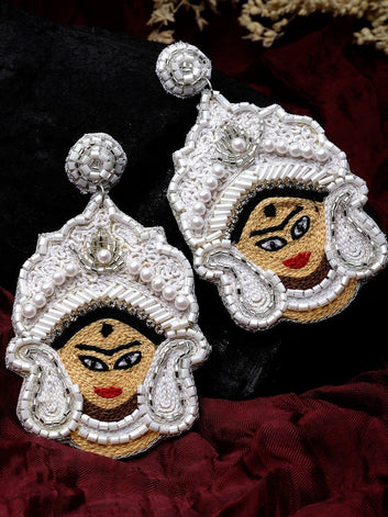 Handcrafted Temple Design Crystals Studded Durga Earrings