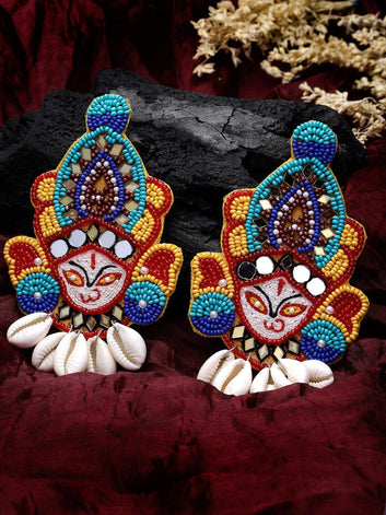 Handcrafted Temple Design Beads Studded Durga Earrings