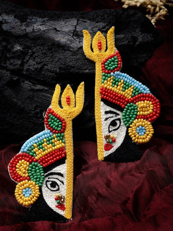 Handcrafted Temple Design Beads Studded Half Durga & Trishul Earrings