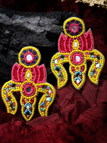 Handcrafted Temple Design Beads Studded Trishul & Lotus Earrings