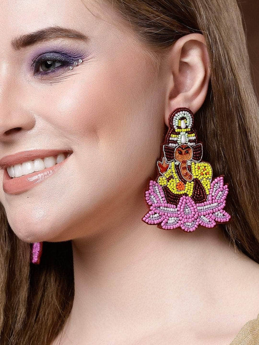 Handcrafted Temple Design Beads Studded Ganesha & Lotus Earrings